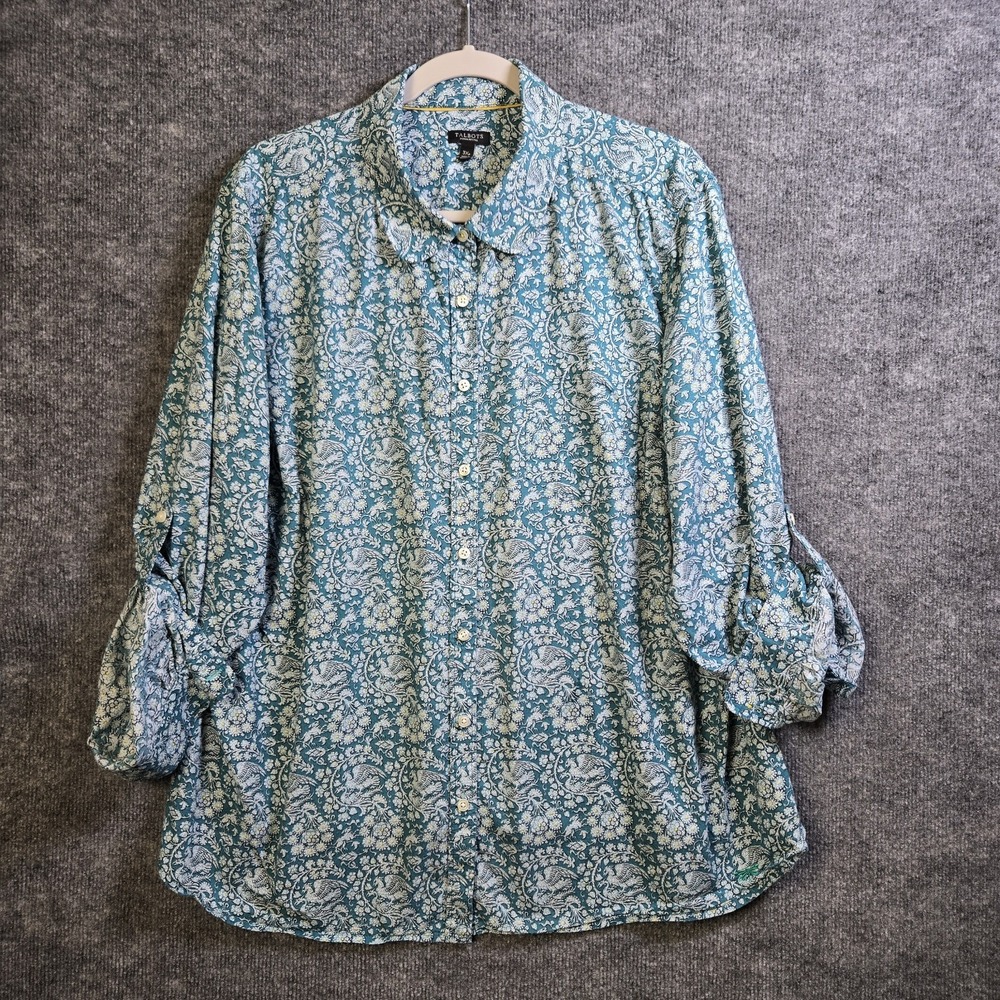 Talbots Shirt Womens 3X Petite Teal Jaquard Print Cotton Button Up Roll Tab